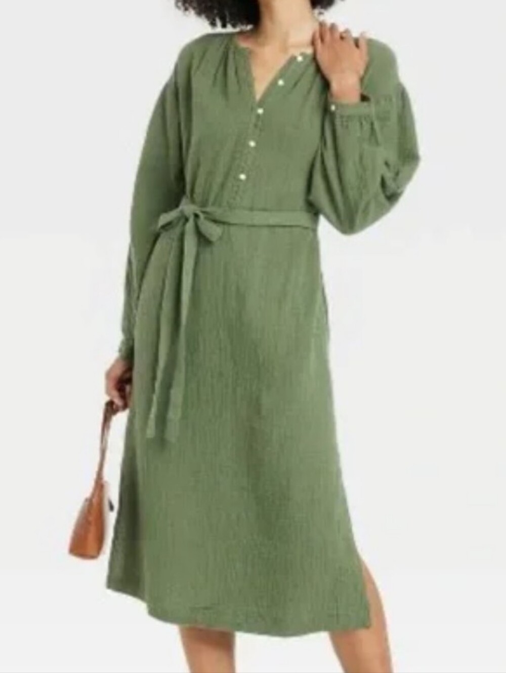 Universal Thread Olive Green Button-Up Shirt Dress with Tie